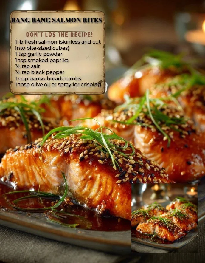 Bang Bang Salmon Bites served on a plate with dipping sauce