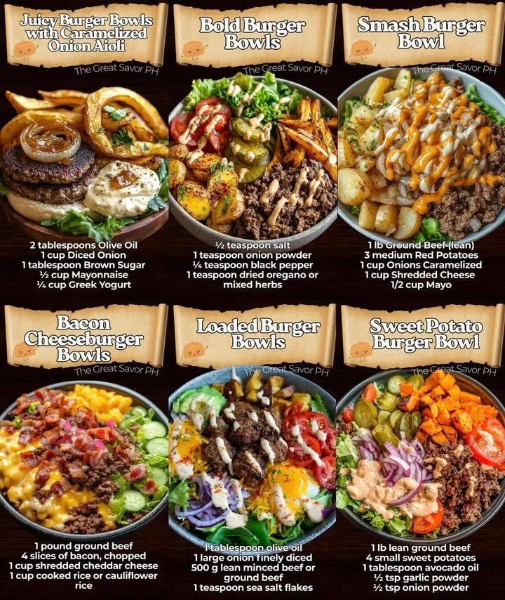 A colorful and healthy burger bowl filled with fresh ingredients and toppings.