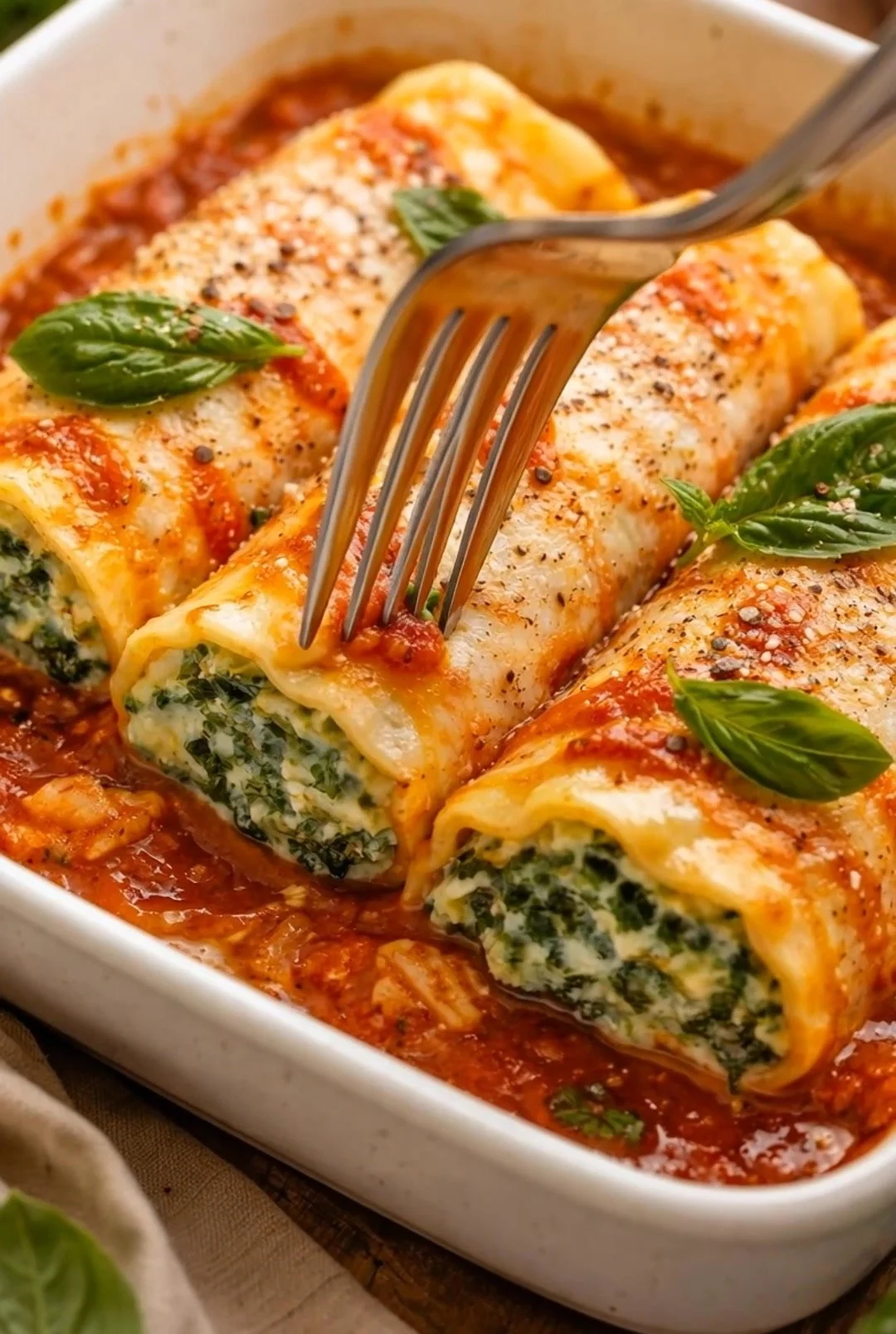 Delicious Cheese and Spinach Cannelloni served with marinara sauce