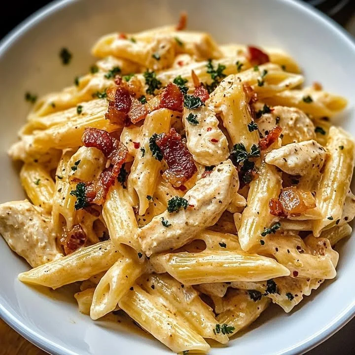 Creamy white sauce chicken with crispy bacon and pasta in a delicious dish.
