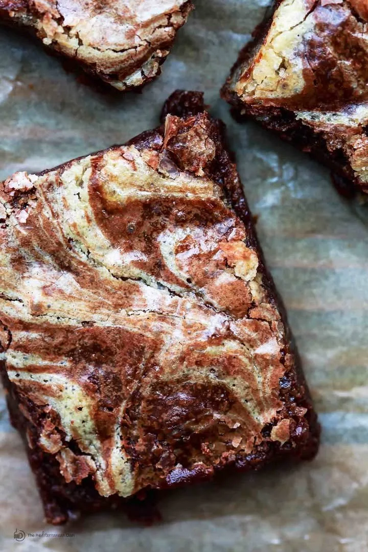 Extra gooey chocolate brownies with creamy tahini swirl