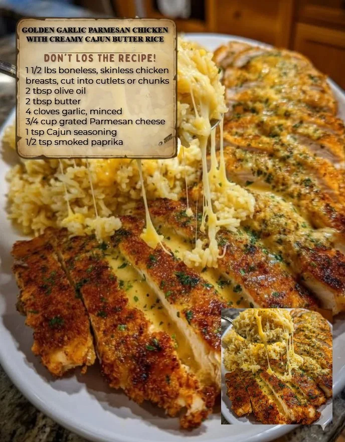 Golden Garlic Parmesan Chicken served with creamy Cajun butter rice.