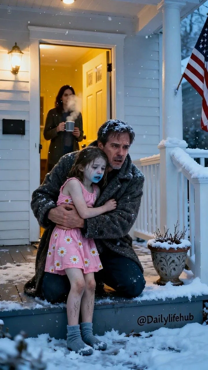Daughter freezing on porch, whispering for help, while father approaches with cupcakes.