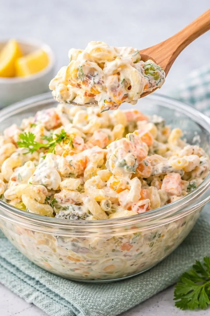 Dill pickle pasta salad with bacon, creamy dressing, and crunchy pickles.