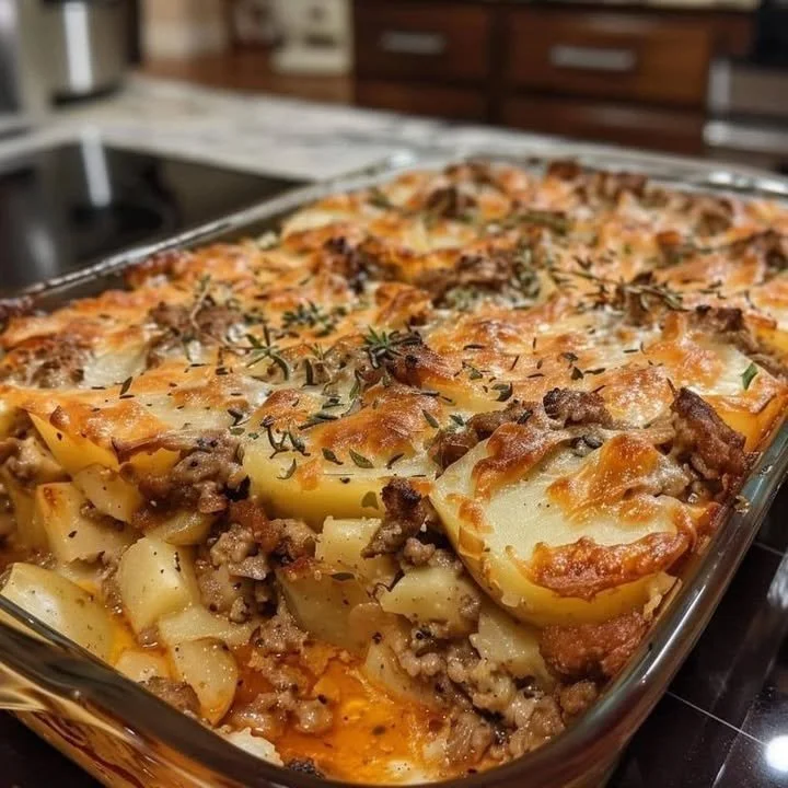 Delicious Meat and Potato Casserole served in a baking dish
