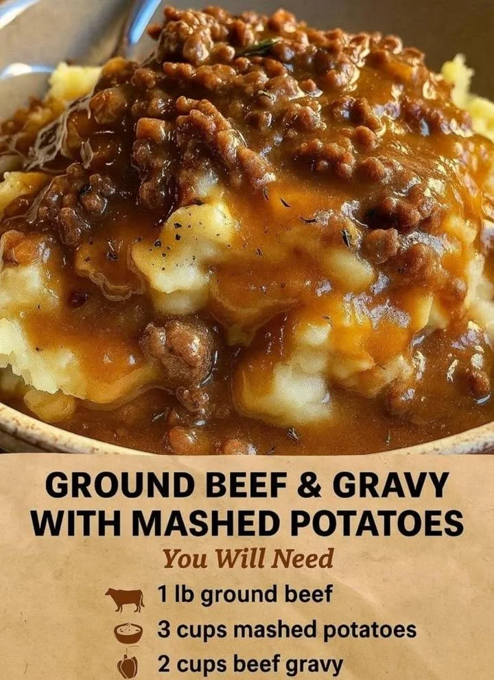 Savory minced meat gravy poured over fluffy mashed potatoes on a plate