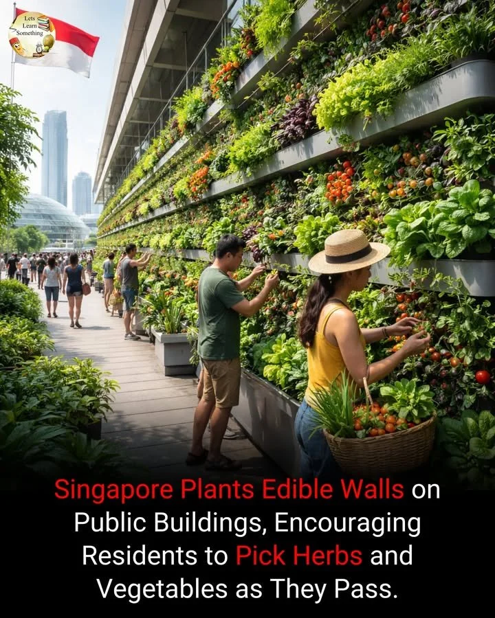Edible green walls on public buildings in Singapore showcasing urban farming initiative.