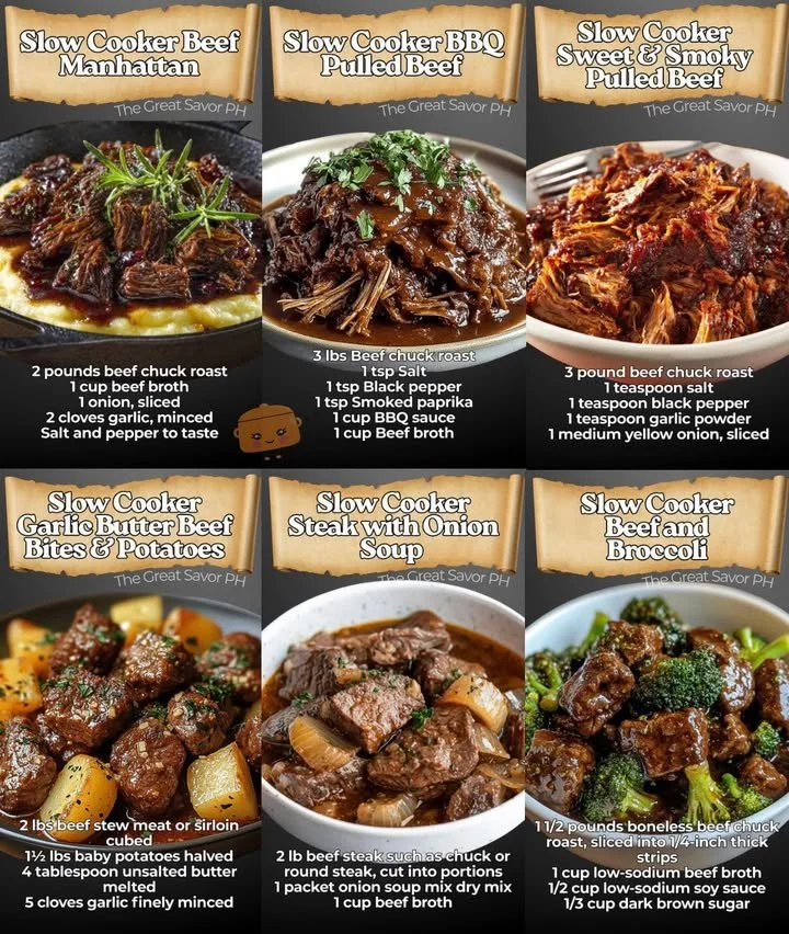 A variety of slow cooker beef recipes served on a table with garnishes.