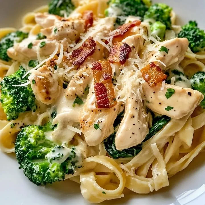 Plate of velvety Alfredo Fettuccine with chicken, bacon, spinach, and Parmesan shavings